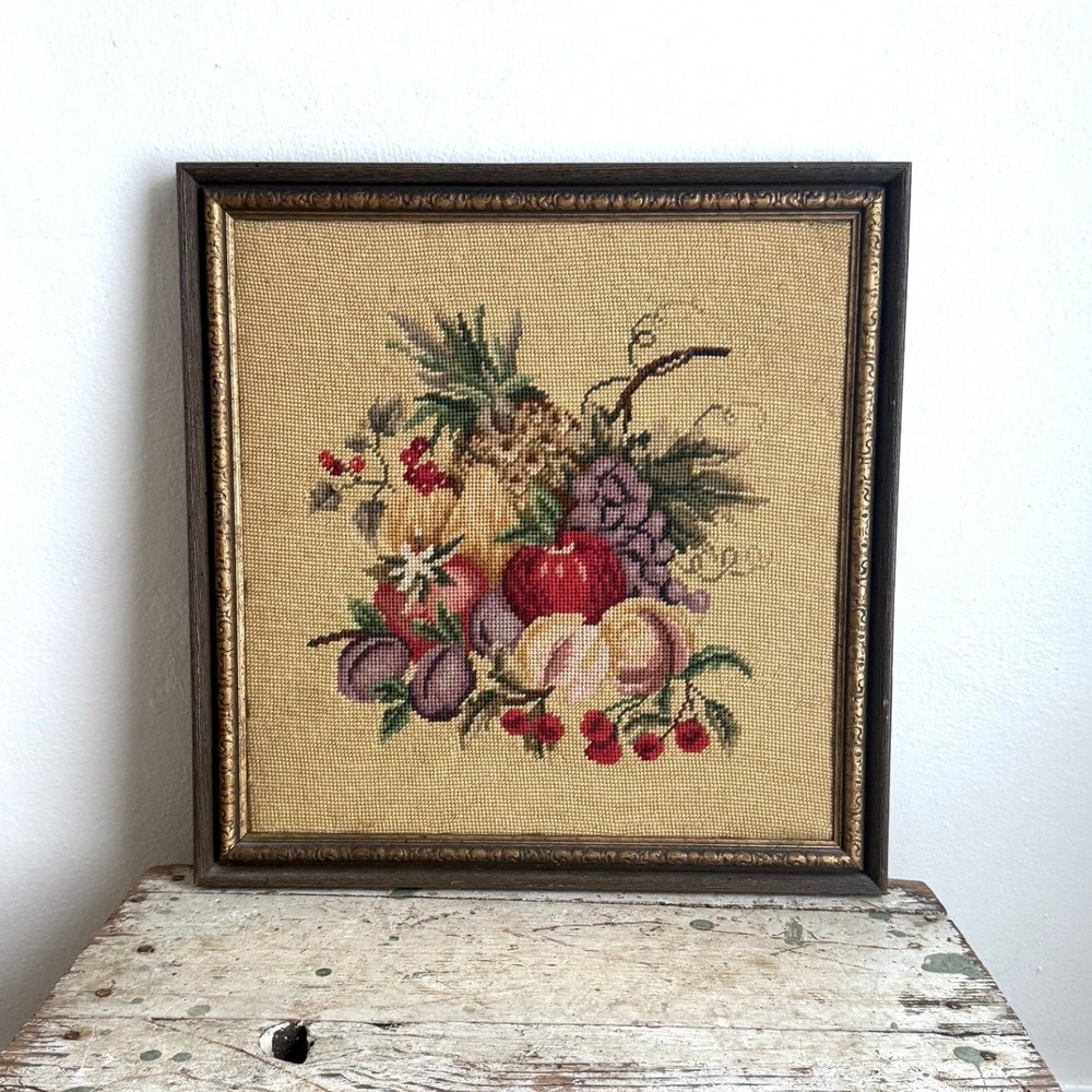 Vintage Framed Needlepoint Fruit Basket Artwork 17.5" Square